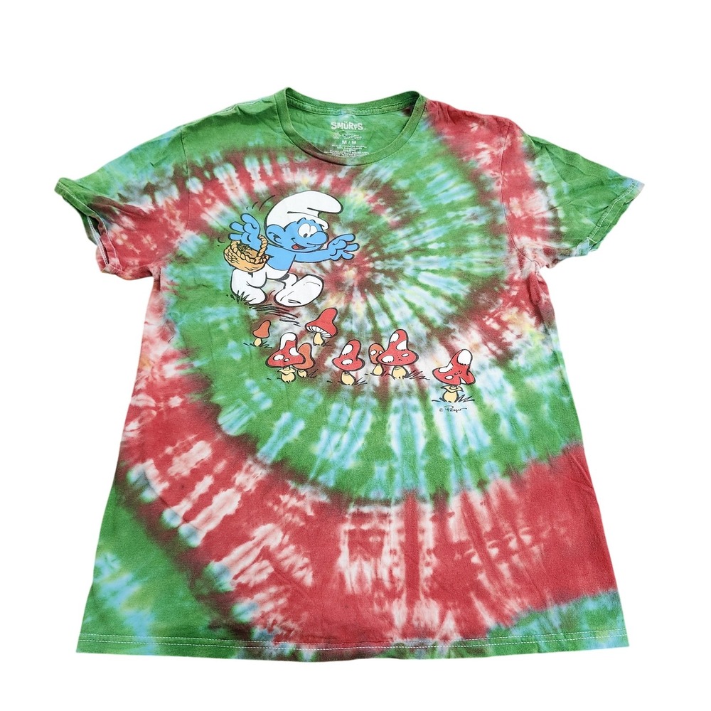 The Smurfs Shirt Mens Medium Multicolor Tie Dye Mushroom Graphic Tee Cartoon Top
